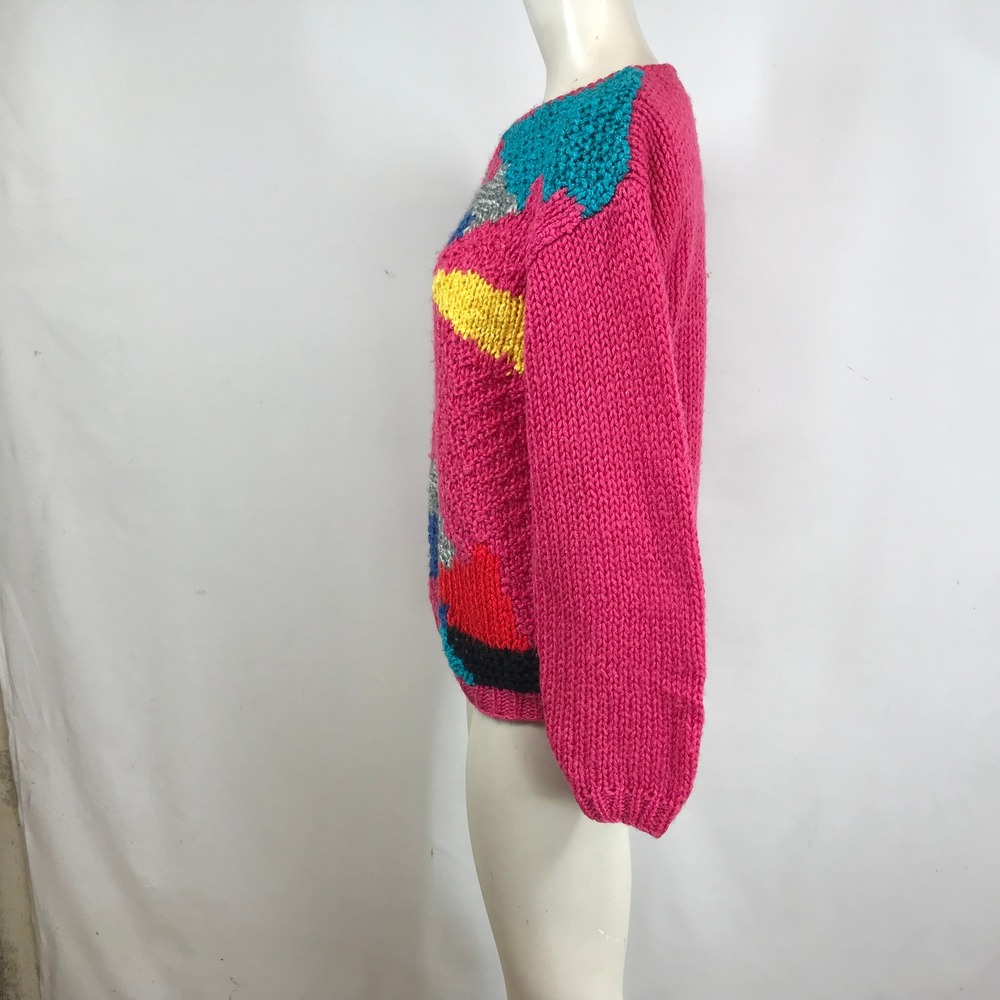 Jeff Laurent Vintage Hot Pink Abstract Geometric Chunky Knit Sweater Crew Neck - Picture 6 of 7